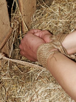 Связанная телка с кляпом во рту наслаждается секс-машиной в сарае 